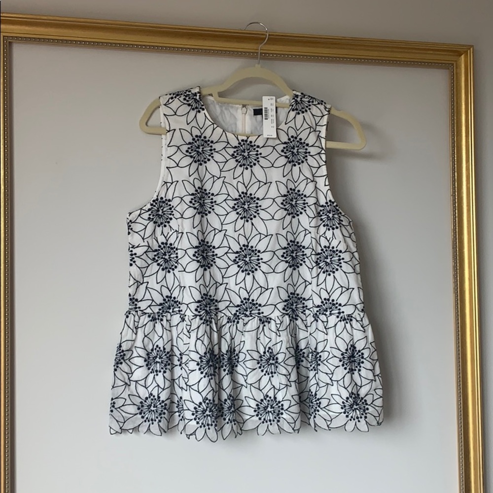 J Crew white peplum embroidered top